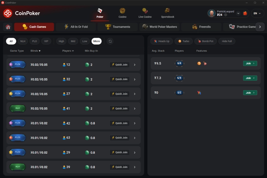 CoinPoker Windows 现金桌大厅